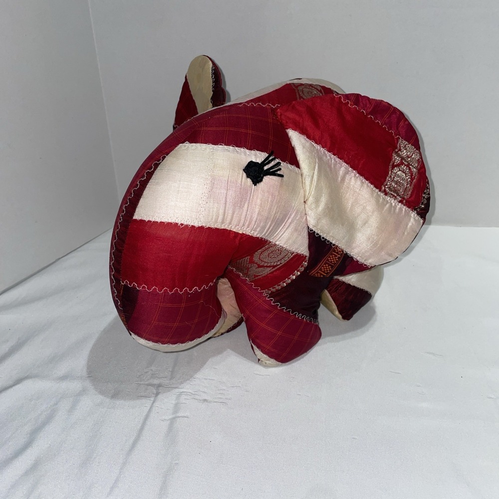 Vintage Patchwork Elephant Plush Stuffed Animal Red Cream Brocade Plaid Boho